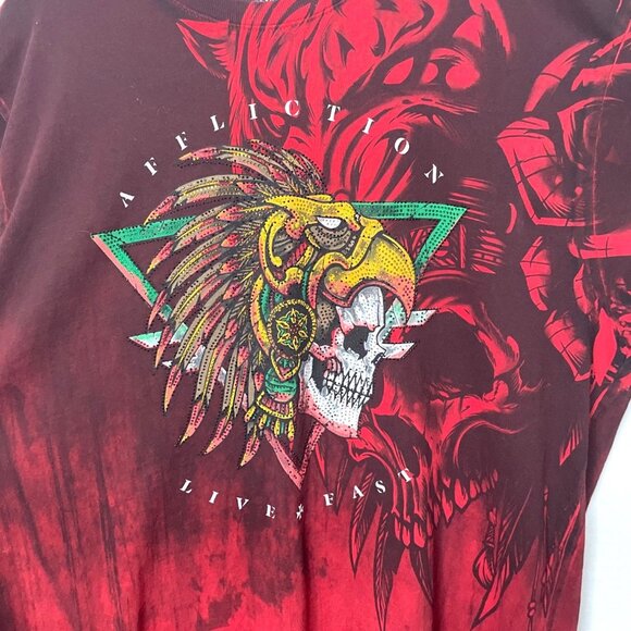 Affliction Black Label 2XL Mens Graphic Tee Red Skull Tribal Design Rhinestones - Picture 6 of 9